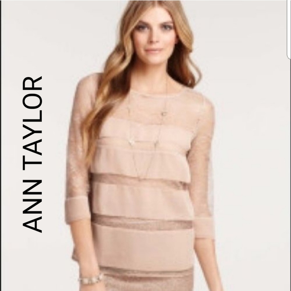 Ann Taylor Lace Blouse w/ Tiered Overlays, Nude, M